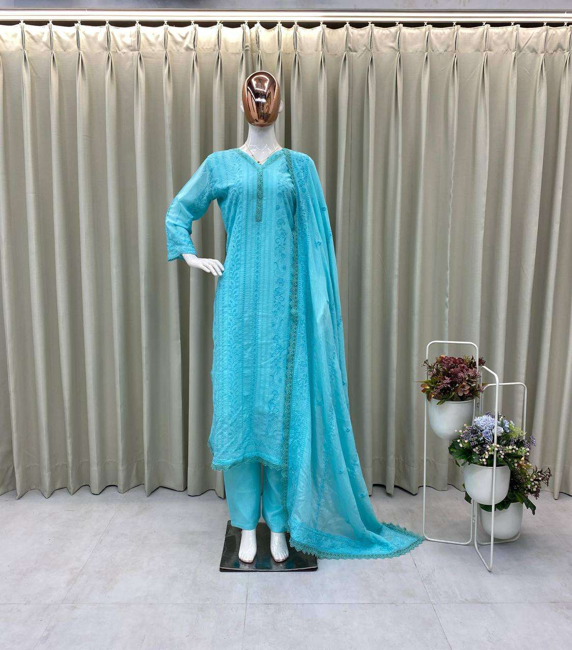 Women's Chinon Silk with Cotton Thread Embroidery Straight Kurti With Pant and Dupatta set - Image 15